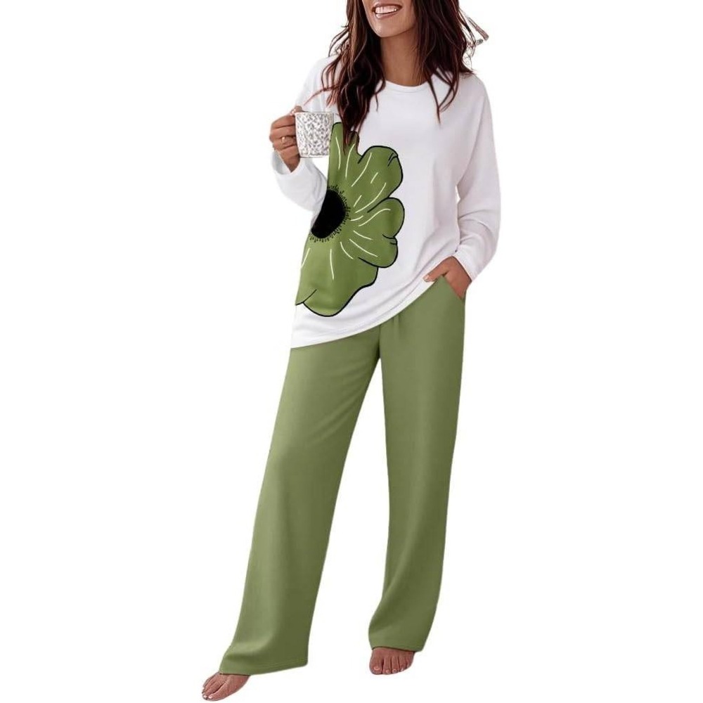 ChicMe Womens Lounge Set White Green Floral Top Wide Leg Pants Size Small